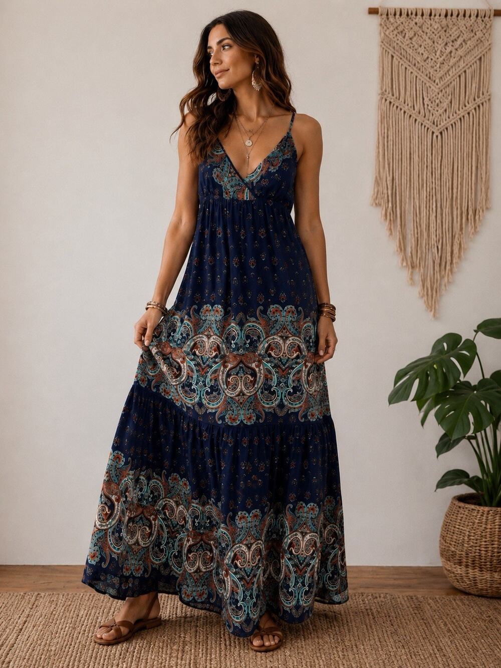 Laundry by Design Paisley Maxi Dress Blue Boho Sleeveless Tie Back Size 4